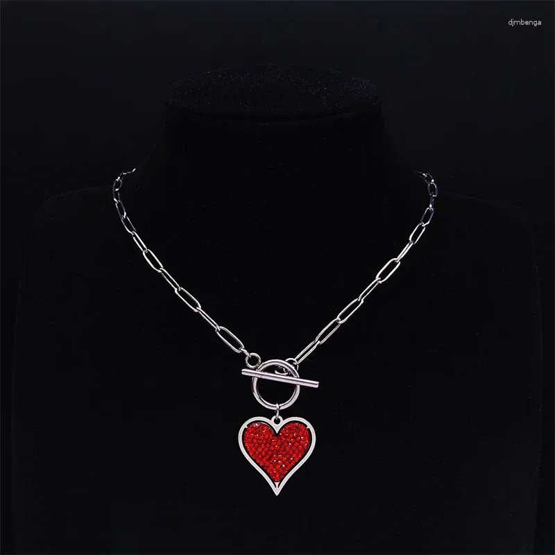 Hänghalsband punk rostfritt stål röd kristall hjärtkedja halsband silver färg smycken collier acier inoxydable n8047s0