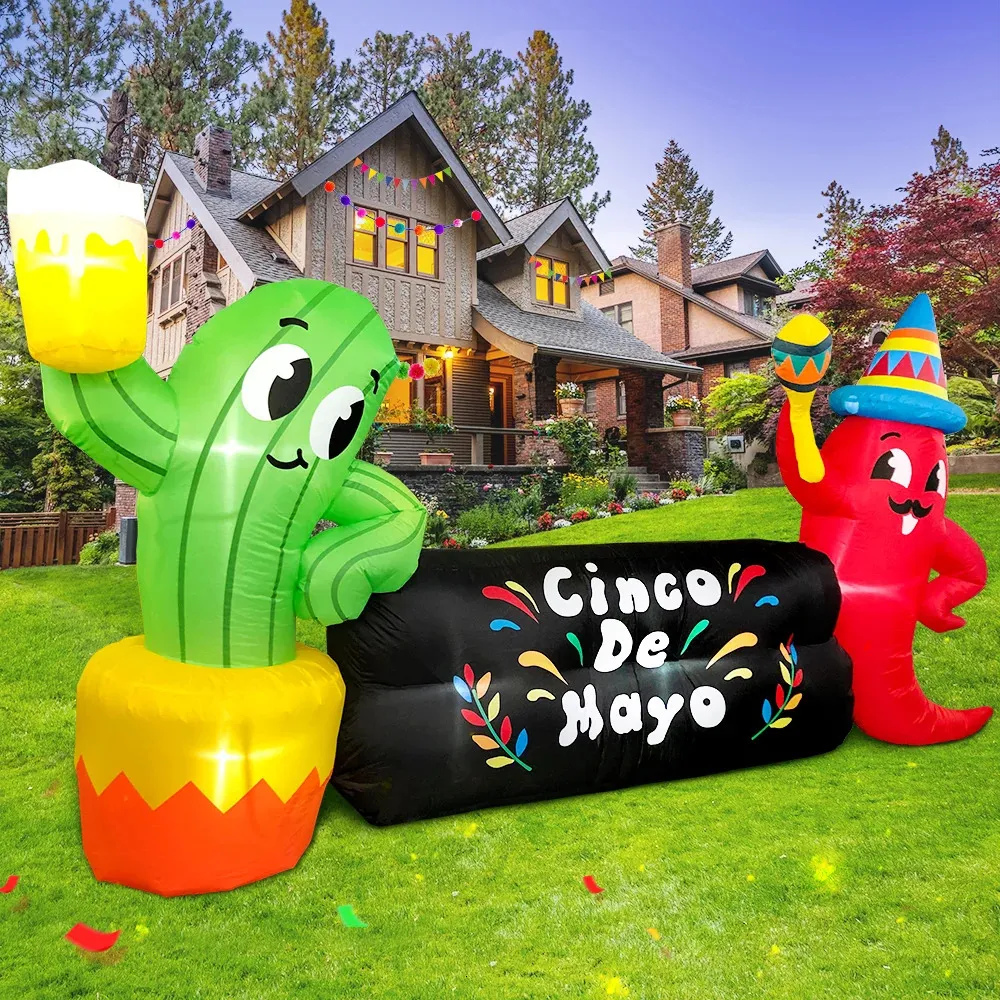 Mexicain Cinco De Mayo Day Festival Maison En Plein Air Âne Cactus Partie Gonflable Décoration Décor Jardin avec Lumière LED 8FT 240116