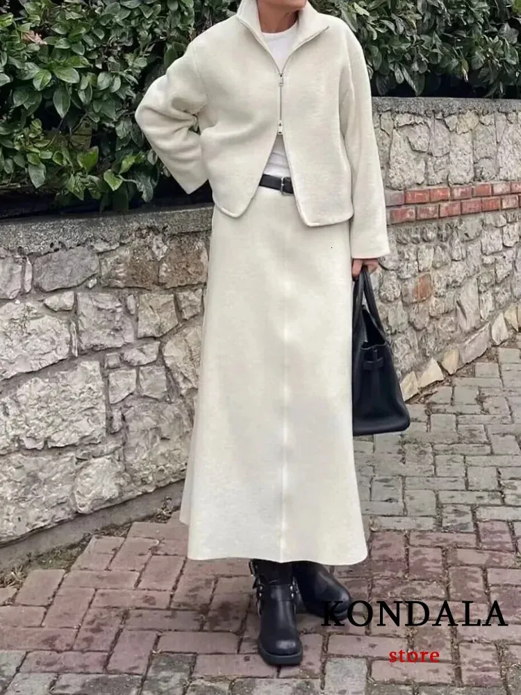 KONDALA décontracté Vintage Chic solide femmes costume col rabattu fermeture éclair vestes courtes jupe ample mode 2024 automne hiver ensembles 240115