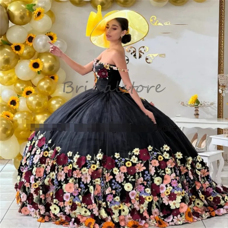 Siyah Meksika Quinceanera Elbiseler 2024 Charro Balo Gown 3D Çiçek On altı tatlı 15 doğum günü elbise up kabarık para lüks savistidos vestidos de xv 15 anos vintage