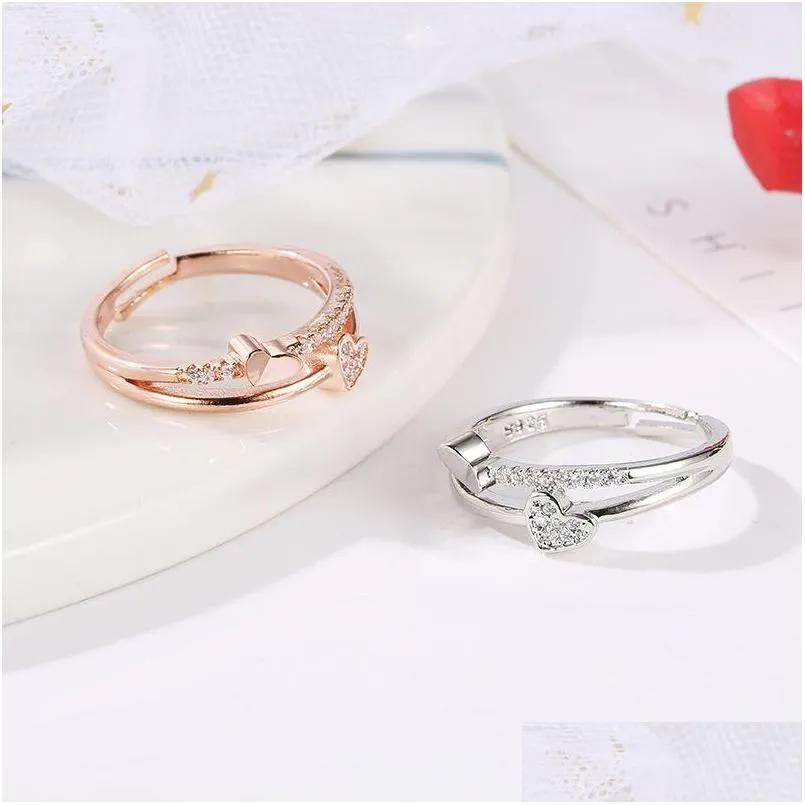 Band Rings Heart Rings White/Rose Gold Double Ring Engagement Wedding 1605 T2 Drop Delivery Jewelry Ring Dhpin