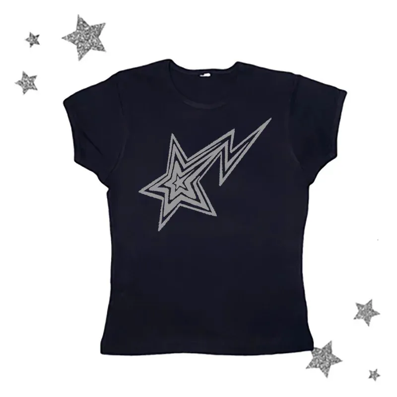 Women Harajuku Gothic Y2k Tops Star Print Tees Women Sexy T-shirt Vintage 2000s short sleeve Cropped Tee Fairy Crop Tops 240115