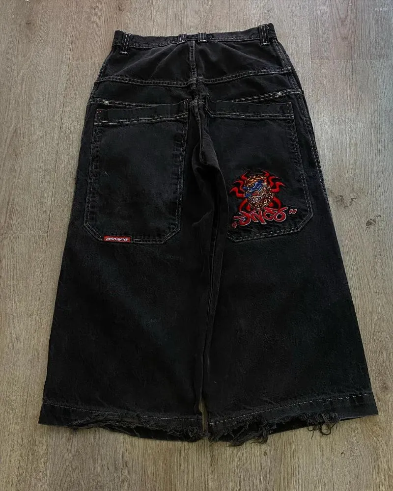 Jeans masculinos streetwear jnco y2k harajuku hip hop retro gráfico bordado baggy calças pretas homens mulheres gótico calças largas