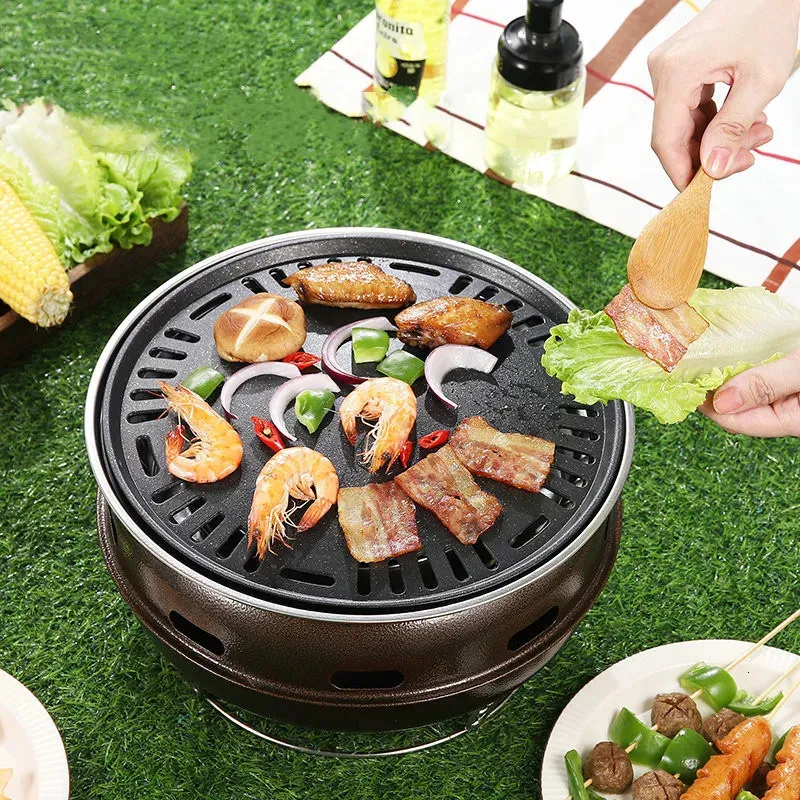 Tragbarer Grillofen für den Außenbereich, Carbon-Grill, kommerzieller koreanischer runder Holzkohlegrill aus Edelstahl, 240116