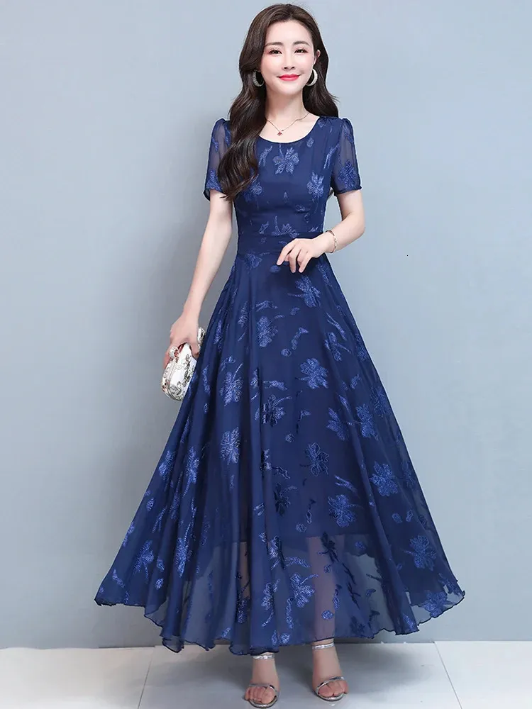 Vintage bleu vêtements pour femmes Maxi robe en mousseline de soie fête florale élégant Boho été mode coréenne longue Chic robes de soirée 240115