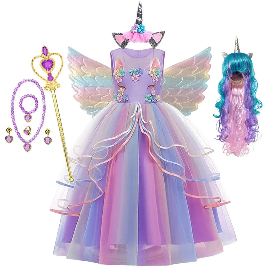 Flickor Unicorn Dress Rainbow Princess Fancy Birthday Party Dress Children Halloween Unicorn Utför kostym i 3-12 år 240116