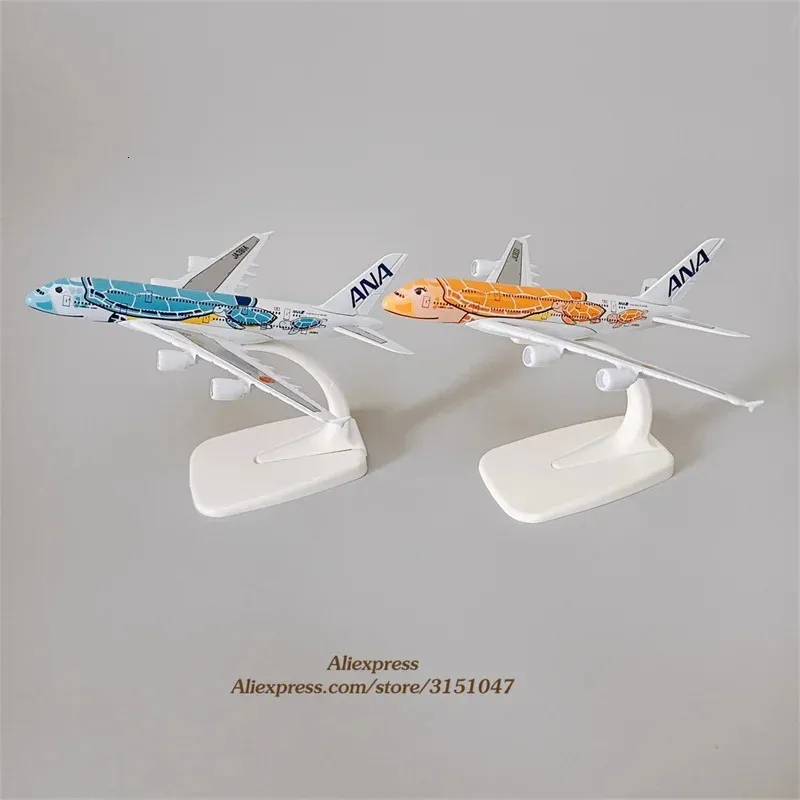 16cmアロイメタルジャパンエアアナエアバスA380漫画ウミガメ航空エアプレーンモデルエアウェイズ飛行機塗装航空機おもちゃ240115