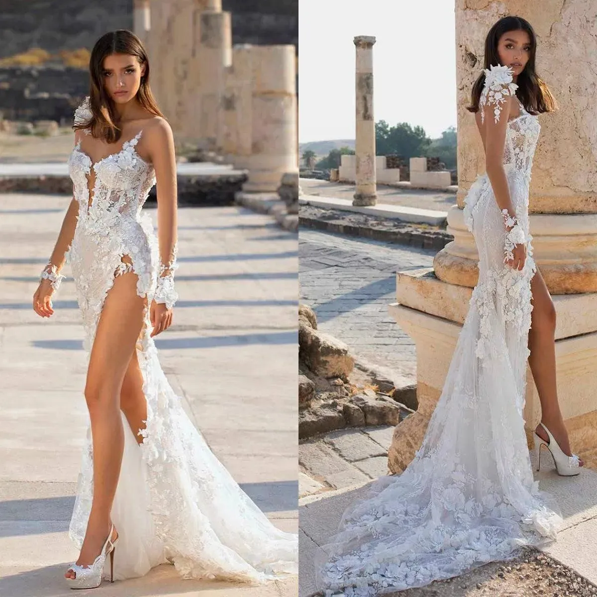 Arabische Meerjungfrau-Hochzeitskleider, Berta, Spitze, appliziert, hochseitig geschlitzte Brautkleider, langärmliges Strandhochzeitskleid