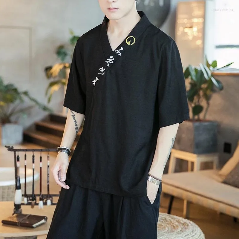 Heren casual shirts Chinese harajuku vintage linnen losse pasvorm grote V-hals korte mouw T-shirt zomer oversize bedrukte kleding