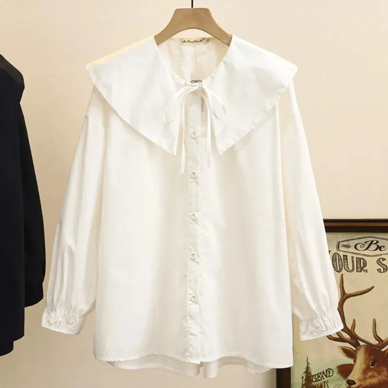 4XL Plus Size Shirt Spring LaceUp Peter Pan Collar Cotton Tops Loose Long Sleeve Asymmetric Length Blouses Curve Clothes 240116