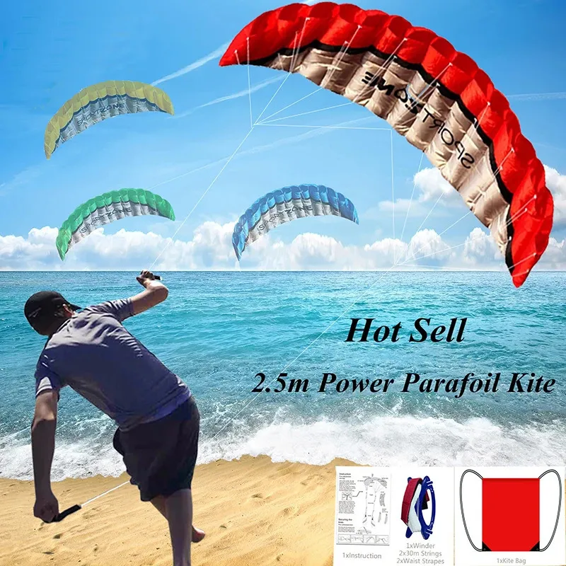 Högkvalitativ 2,5 m Dual Line 4 Färger Parafoil Parachute Sports Beach Kite Lätt att flyga Factory Outlet 240116