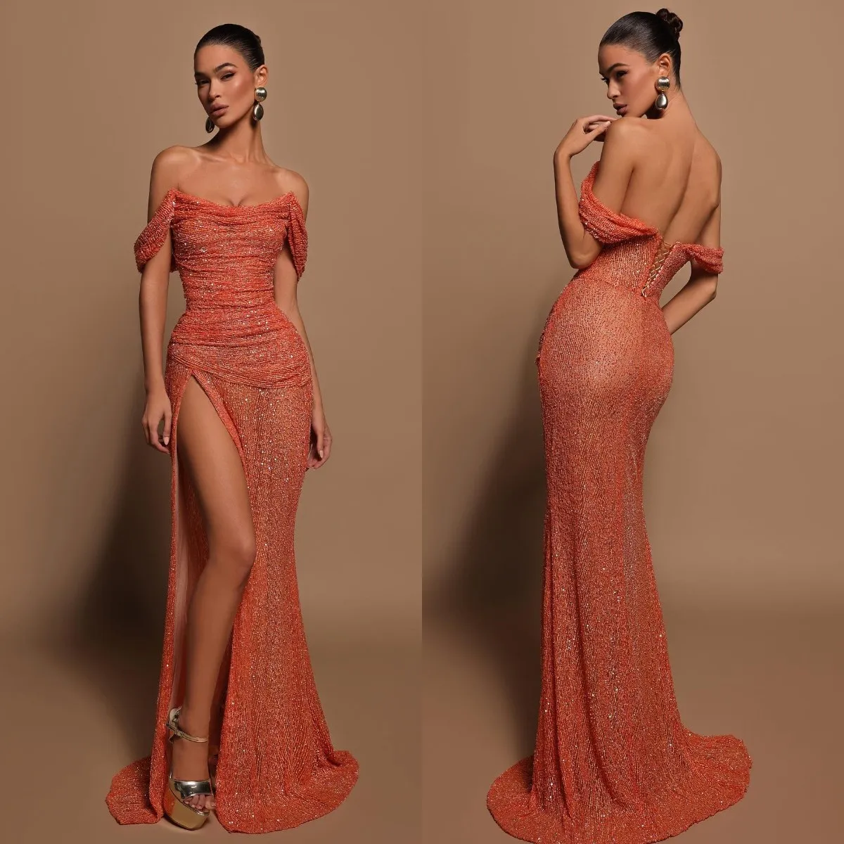 Robes de soirée sirène orange corail élégantes épaules dénudées robe de bal paillettes fente sur la cuisse robes longues pour occasions spéciales