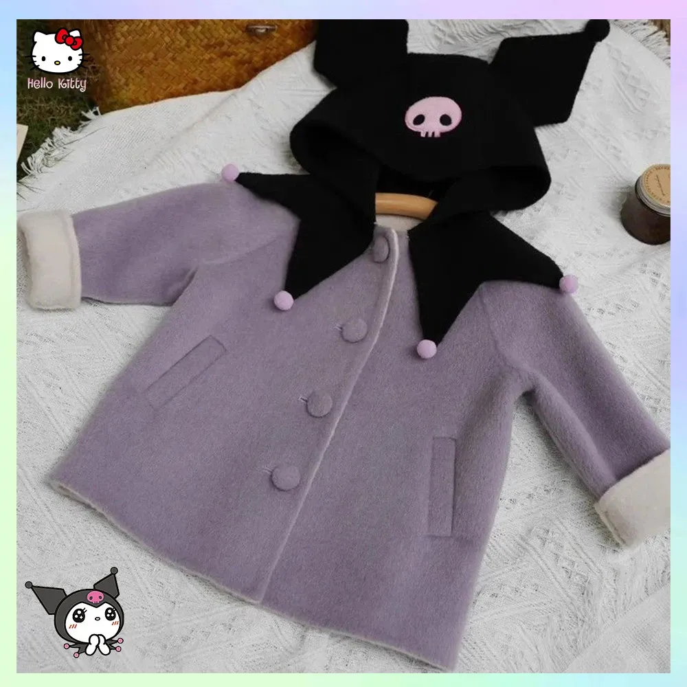 Sanrioed Anime Kuromi Meisjes Wollen Jassen Herfst Winter Hoogwaardige Trenchcoat Jas Kleding voor Kinderen Kawaii Mode Bovenkleding 240116