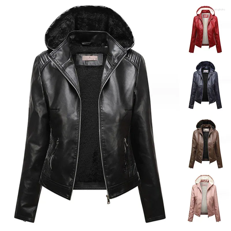 Chaquetas de mujer invierno 2024 cuello con capucha PU cuero sintético polar cálido mujer chaqueta de lujo negro rosa rojo abrigo de piel de motorista