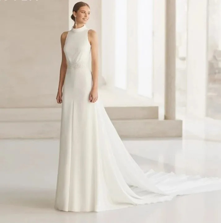 2024 Moderno A Line Abito da sposa Collo alto in pizzo Vita Backless Morbido raso di chiffon Sweep Train Abiti da sposa Robe De Mariage Abiti da sposa