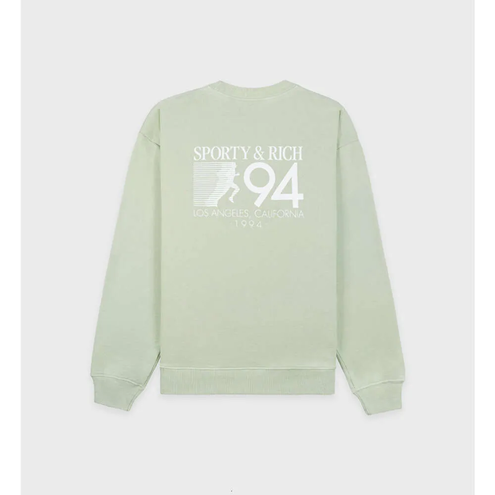 Sporty Rich Light Green Cotton Round Neck Sweatshirts English Alphabet Number Printing Women Sweater Designer Hoodies