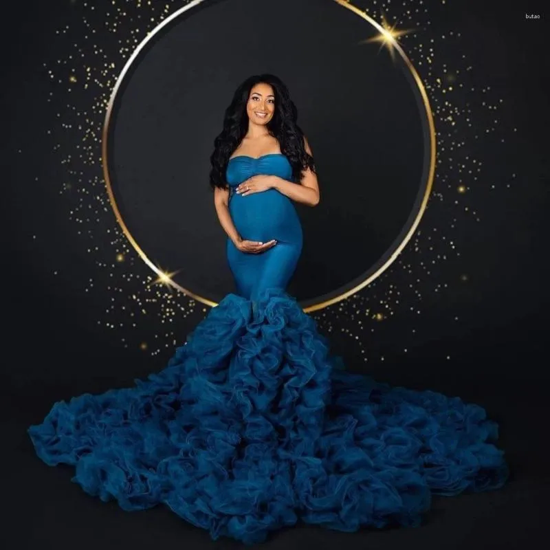 Casual Dresses Elegant Royal Blue Mermaid Maternity Gown Pography Strapless Stretch Ruffled Tulle Dress Babyshower klänningar