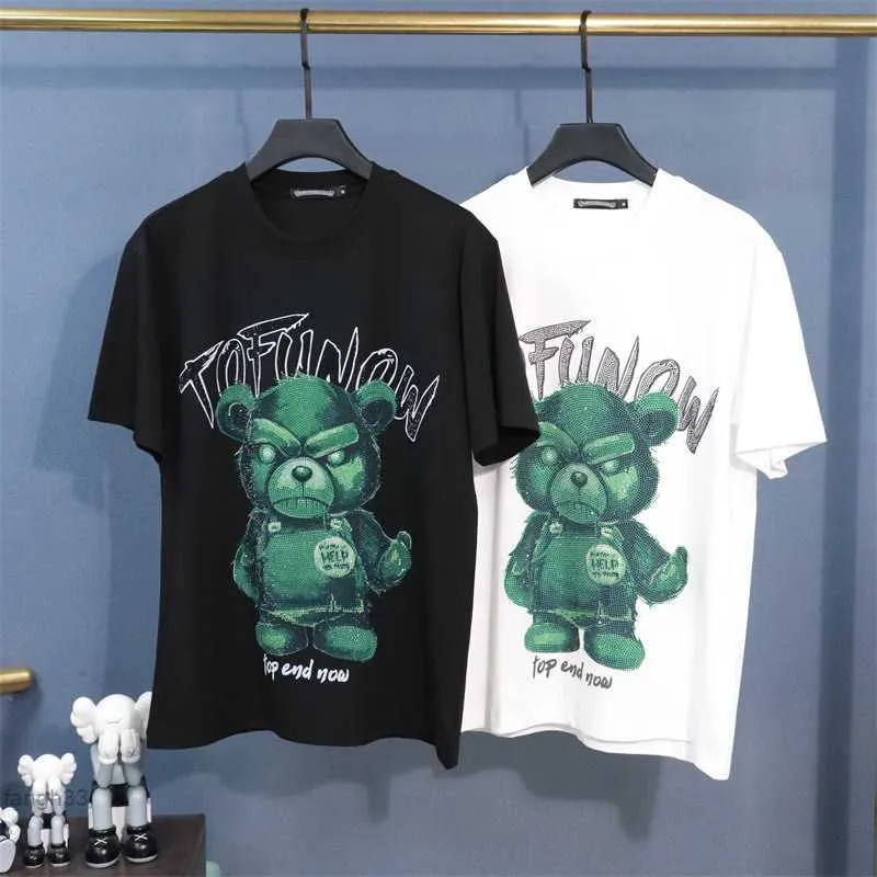 Ins European Industry Street Fashion Brand Printing Diamond Green Violence Bear High Loose T-shirt Plus Fat Size