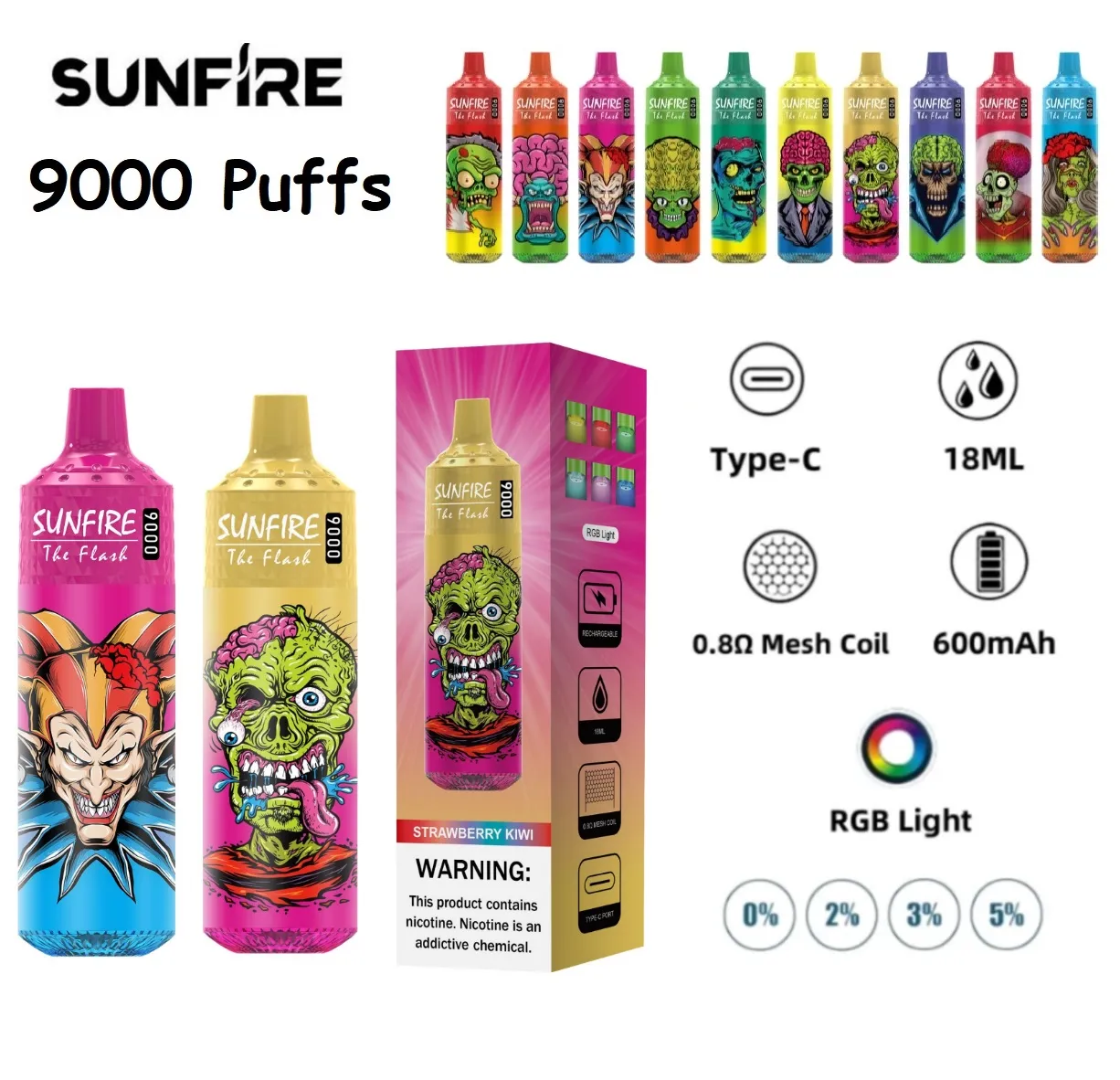 ABD Yerel Depo Orijinal Sunfire 9000 Puffs 10K Puff Tesis Edilebilir Vape Kalem Hollanda Litvanya İspanya En Çok Satan E Sigara 18ml 600mAh Vape 9000 15k Puflar Bar