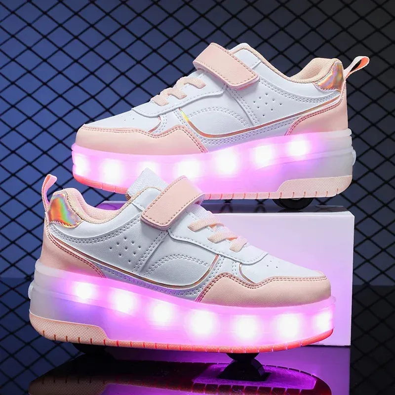 Due ruote per bambini luminosi e luminosi scarpe da ginnastica per ragazzi e ragazze scarpe da skate a rotelle con luce a led scarpe per bambini con ricarica USB 240116