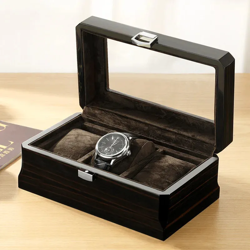 Boîte de rangement en bois rectangulaire pour montres, organisateur de montres à 3 bits, boîte d'affichage, coffret en verre, coffret de luxe en bois pour montres 240116