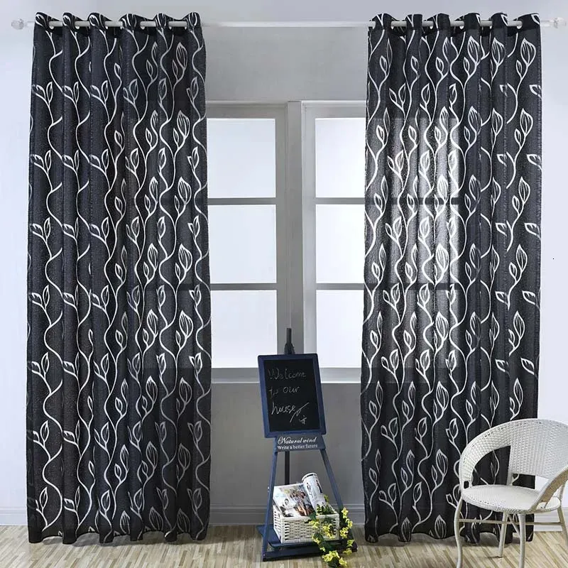 Cortinas geométricas para sala de estar, telas para cortinas, ventana, panel de tul transparente, cortinas semiopacas para dormitorio, tul grueso negro 240116