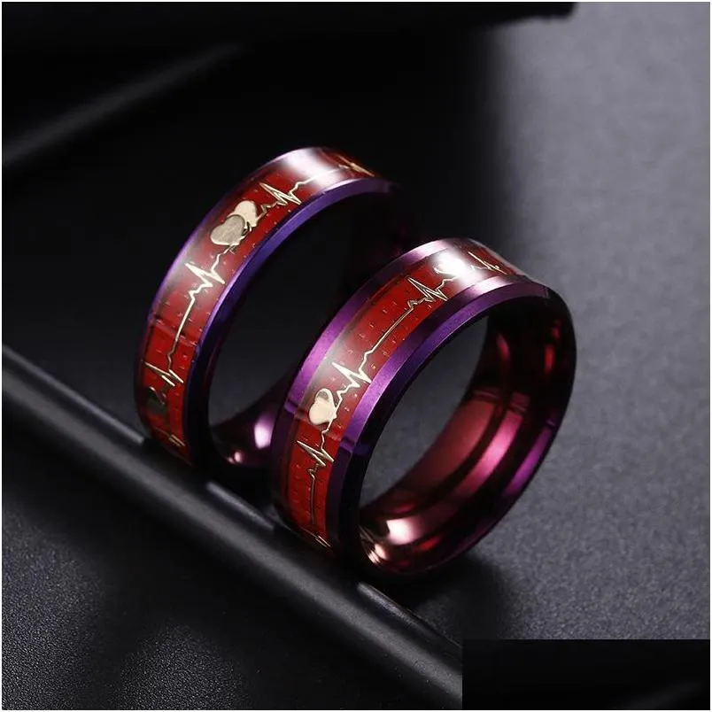 Bandringar Lysande par ring 8mm / 6mm Glowing Heartbeat ECG Purple Wedding Shining Love In the Dark 578 Z2 Drop Delivery SMYCEM DHZNJ