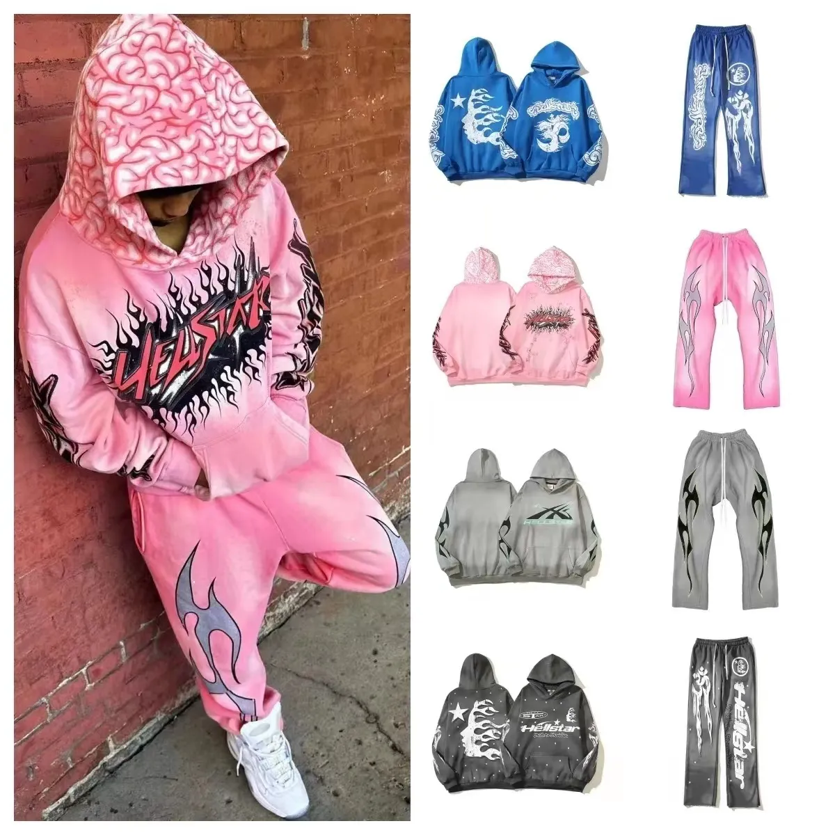 Projektant Hellstar Bluza Męska Bluza High Street Sports Hoodstars American Vintage Clay Print Y2K Hood Hip Hop Hoodie i Flear Pants