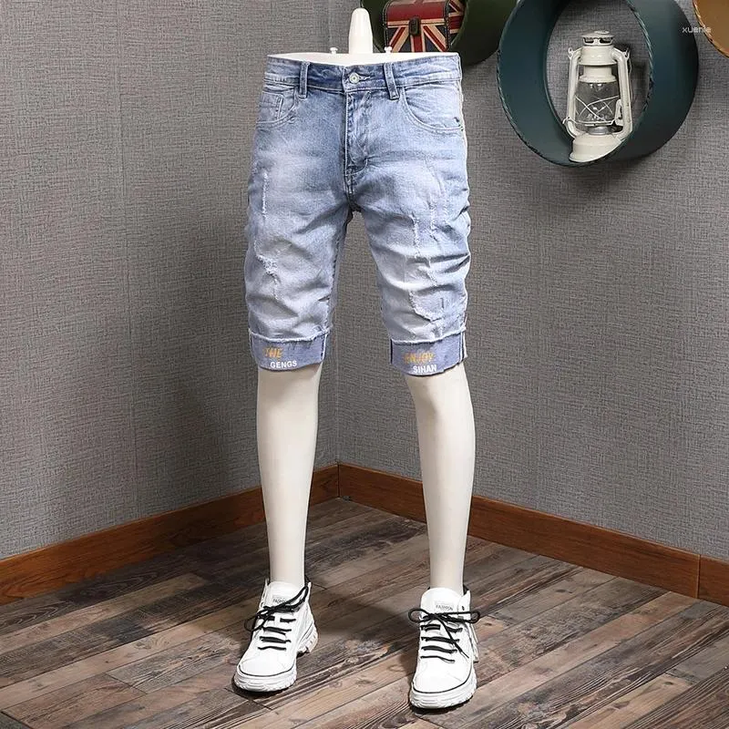 Heren jeans zomer lichtblauwe denim shorts herenmode bedrukt slim fit gescheurd kort