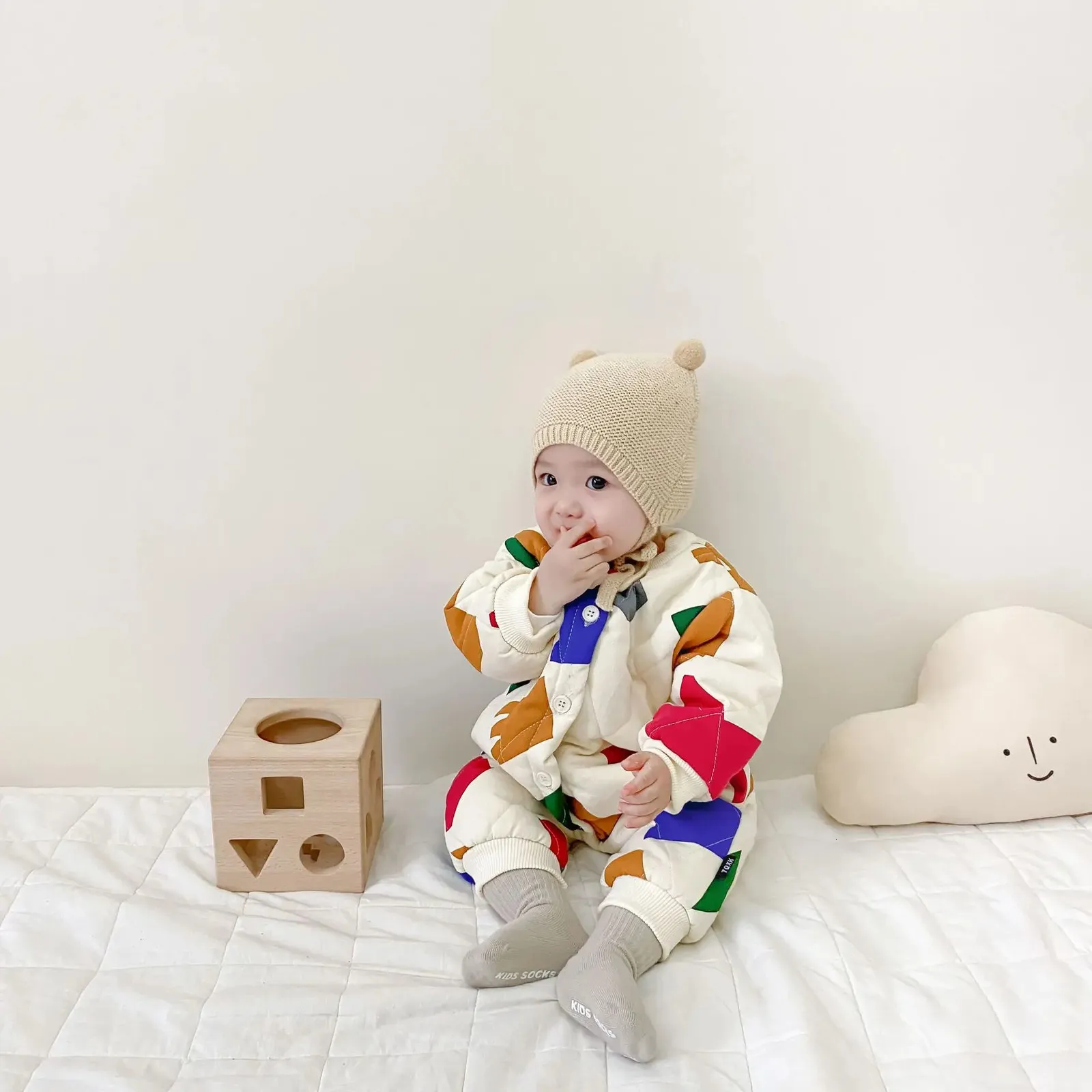 Winter Baby Boys And Girls Matching Color Plus Cashmere Onesie Crawling Clothes For Children Foreign Style Baby Clothes 240116