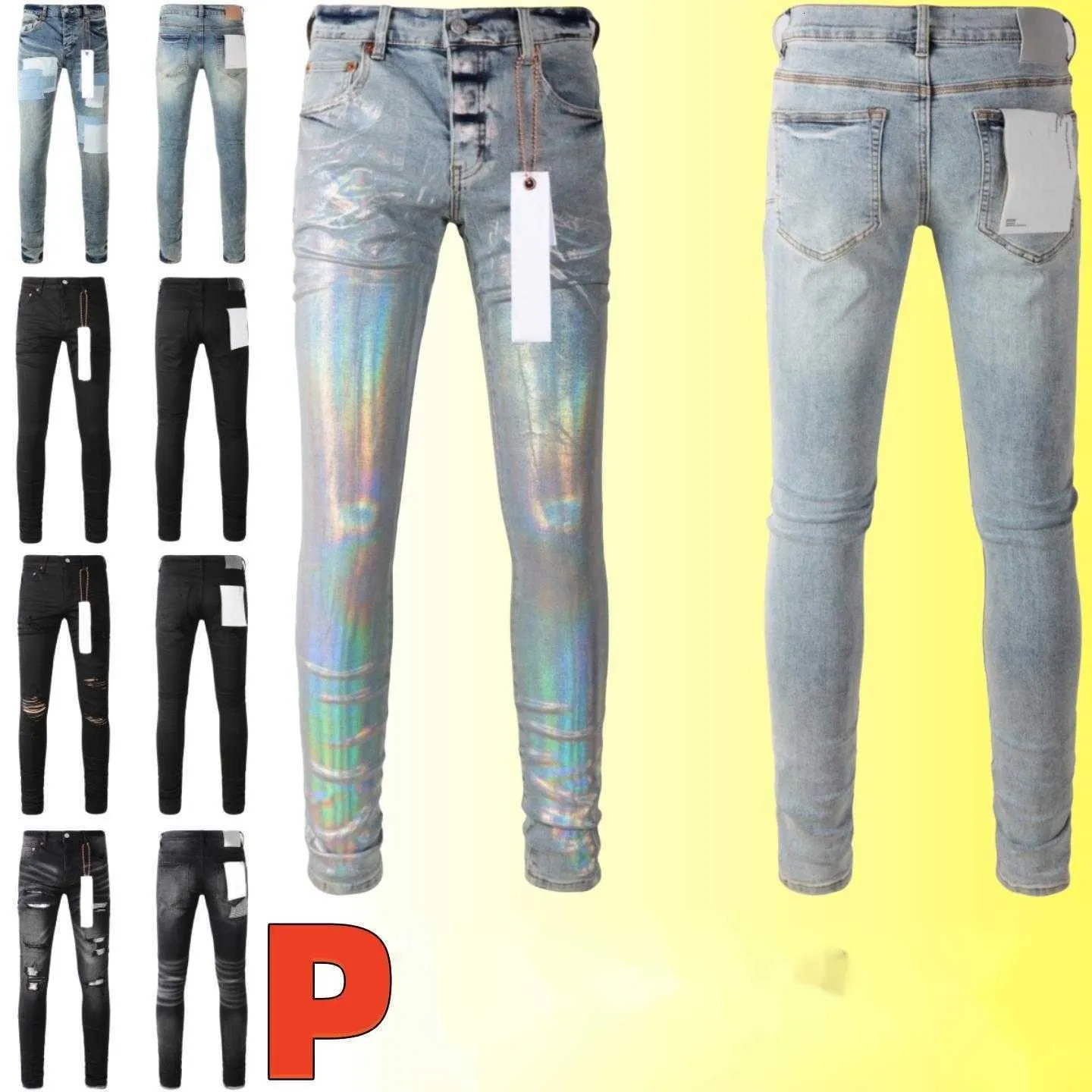 Пурпурные джинсы Дизайнерские мужские мужские обтягивающие прямые джинсы до колена Размер 28-40 Мотоциклетные модные длинные дырки High Street Denim Оптовая продажа 2 шт. Скидка 10%