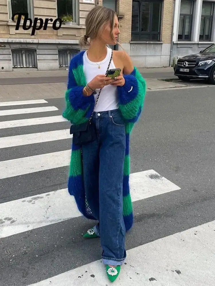 Moda listra longo cardigan camisola feminina lanterna manga longa solta oversize casacos de malha outono senhora chique streetwear 240115