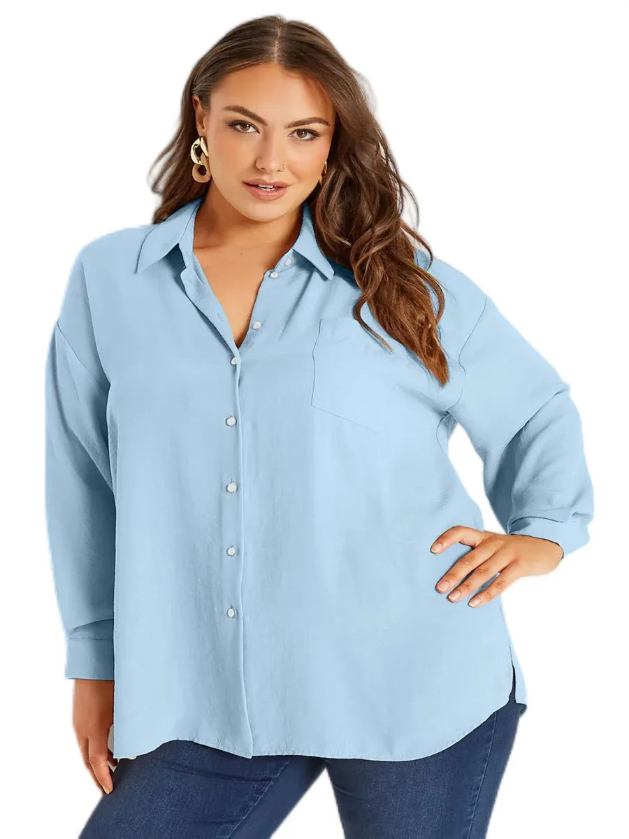 Plus -storlek Elegant Fashion Summer Spring Long Sleeve Blus Women Light Blue Loose Button Front Overized Casual Office Shirt 8xl 240116