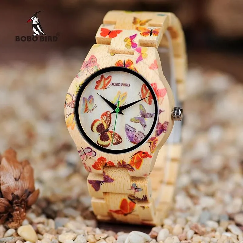 Bracelets Bobo Bird Ladies Wood Watch Women Montre Femme Bamboo Band Painting Butterfly Quartz Watches in Wooden Gift Box Oem Wo20