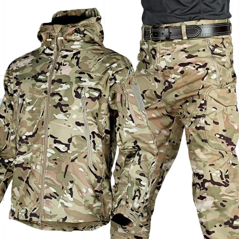 Inverno velo jaquetas quentes define homens exército militar pele de tubarão casca macia à prova de vento à prova dwindproof água camo tático jaqueta cargopants 240115