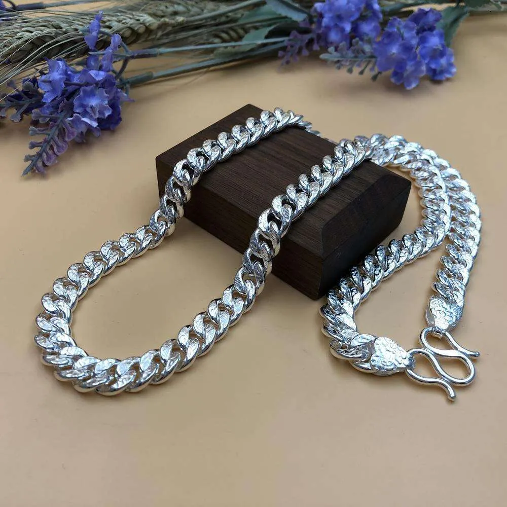 S999 Sterling Silver Men's Whip Necklace Solid Blessing Cuban Flat Chain Men's Foot Silver Personality Dominant Fashion Silver Jewelry