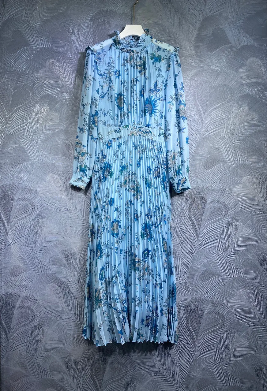 2024 Весеннее платье со вставками с цветочным принтом, синее с длинным рукавом и воротником-стойкой, длинные повседневные платья макси A3J121438