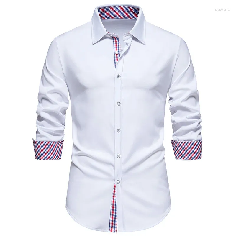 Men's Dress Shirts Plaid Patchwork Formal Classic Business Workplace Long Sleeve Male Wedding Prom Banquet Chemise Hombre