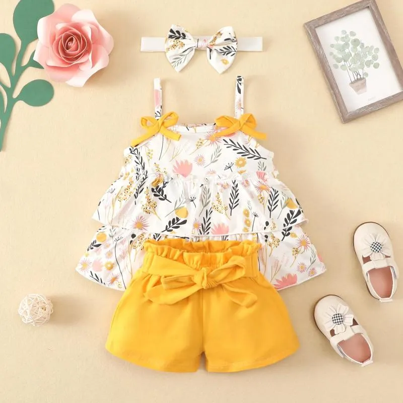衣料品セット幼児の女の子のノースリーブフリルヒマワリのプリントTシャツトップベストショーツヘッドバンド衣装