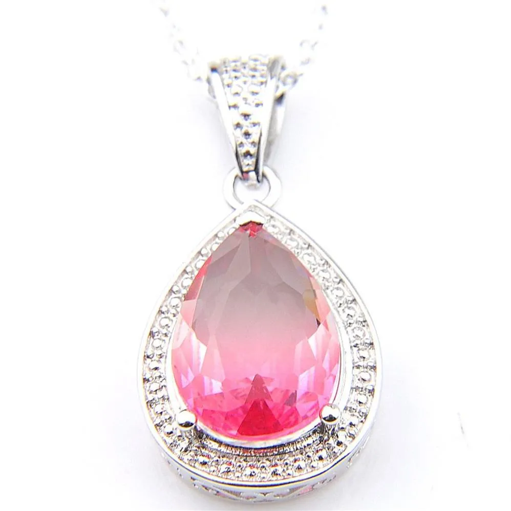 10Pcs Luckyshine 3 Color Optional Women Wedding Party Jewelry Tourmaline Gems Silver Vintage Necklaces Pendants With Chain Sh2237