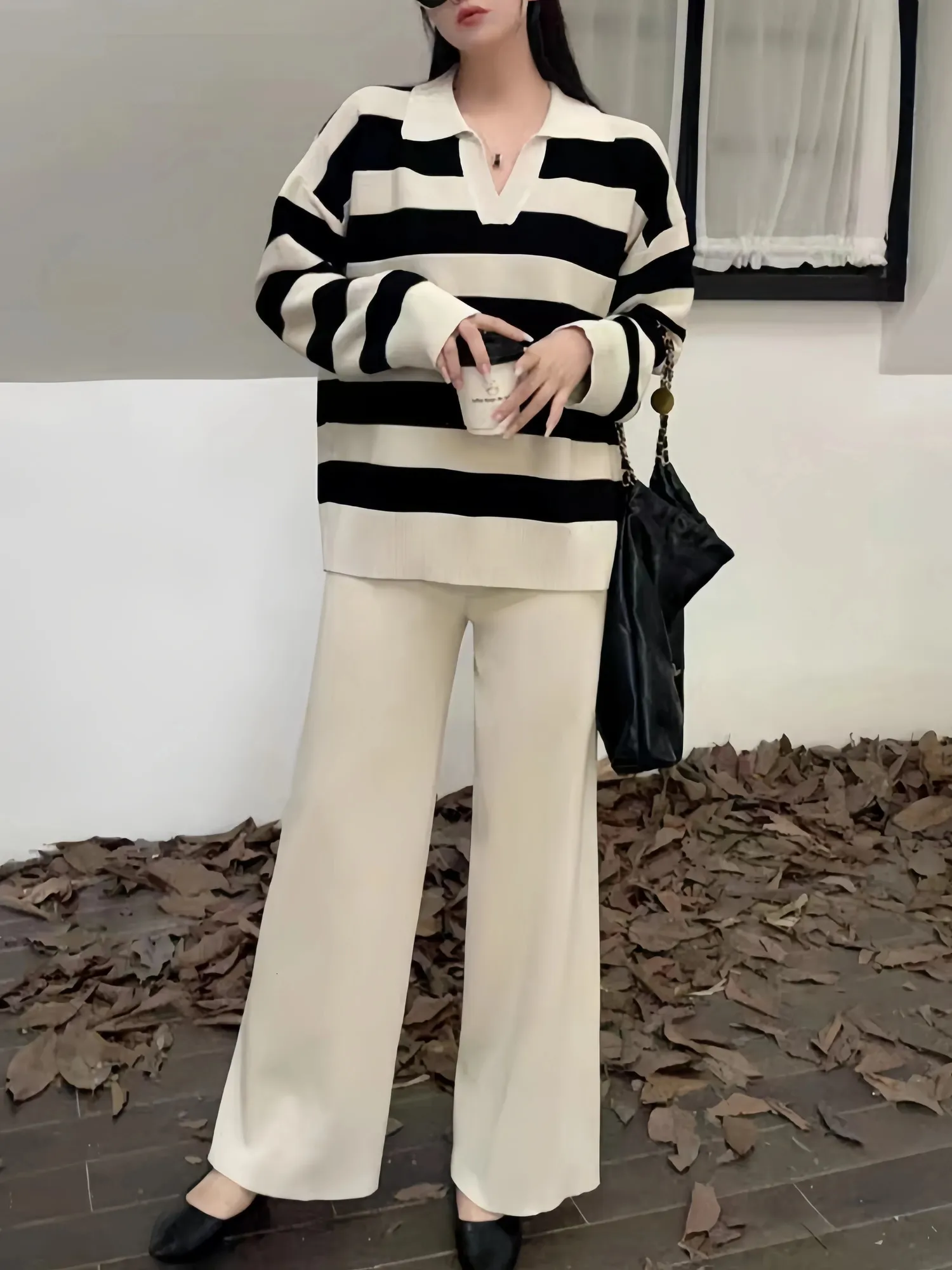 Spring Retro Women Sweater Set Casual Pullovers Suits Striped Knitted Long Sleeve Elegance Tops Elastic Wide Leg Pants 240115