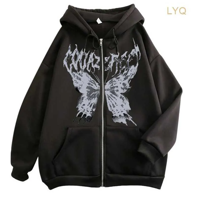 Sweatshirts Butterfly Gothic Ins Y2K Zipper Women's Hoodies Sweatshirt Loose Oversized Harajuk Punk High Street Streetwear