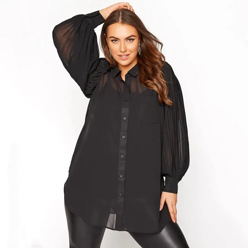 Grande taille à manches longues plissées printemps automne chemise élégante femmes ample surdimensionné noir grand travail bureau tunique Blouse 6XL 7XL 240116