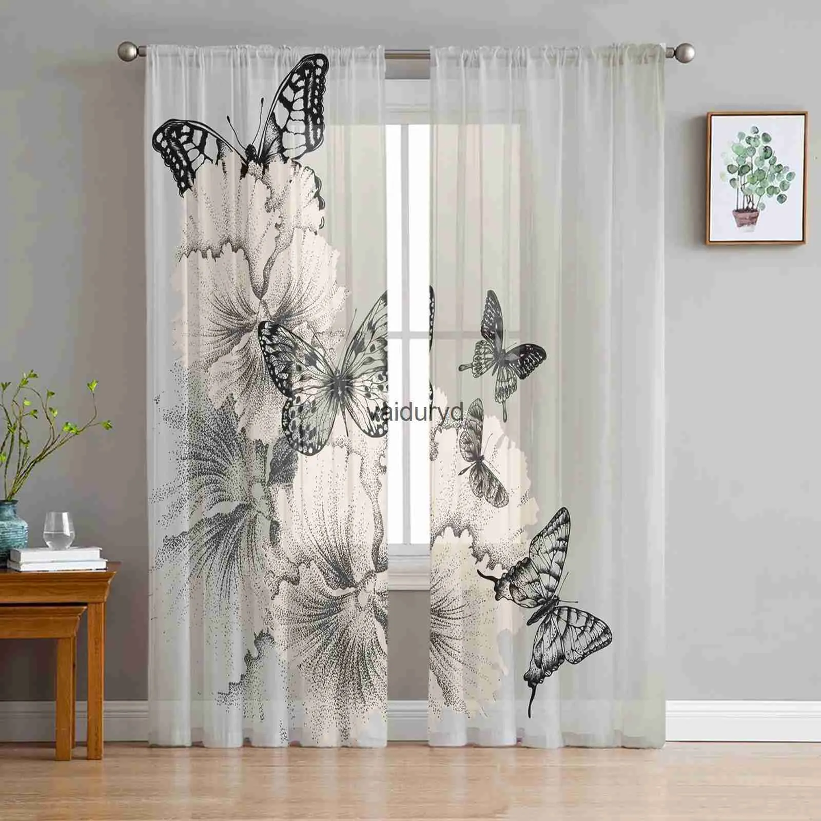 Curtain Black And White Butterfly Flower Art Tulle Curtains for Living Room Decoration Chiffon Sheer Voile Kitchen Bedroom Curtainvaiduryd