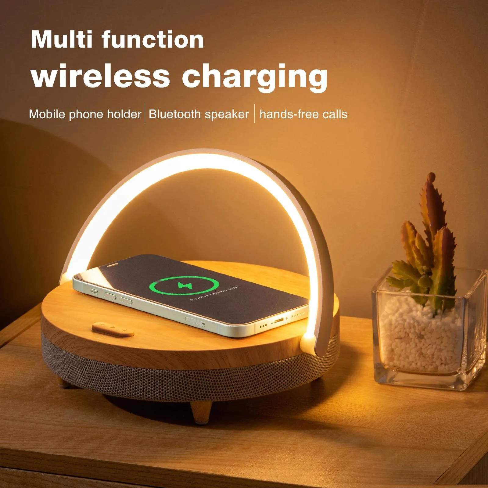 Speakers S21 Pro Wood Wireless Chargers LED Lamp Bluetooth Speaker 15W High Power Fast Charging for IPhone 14 Easy Touch Wireless Charge