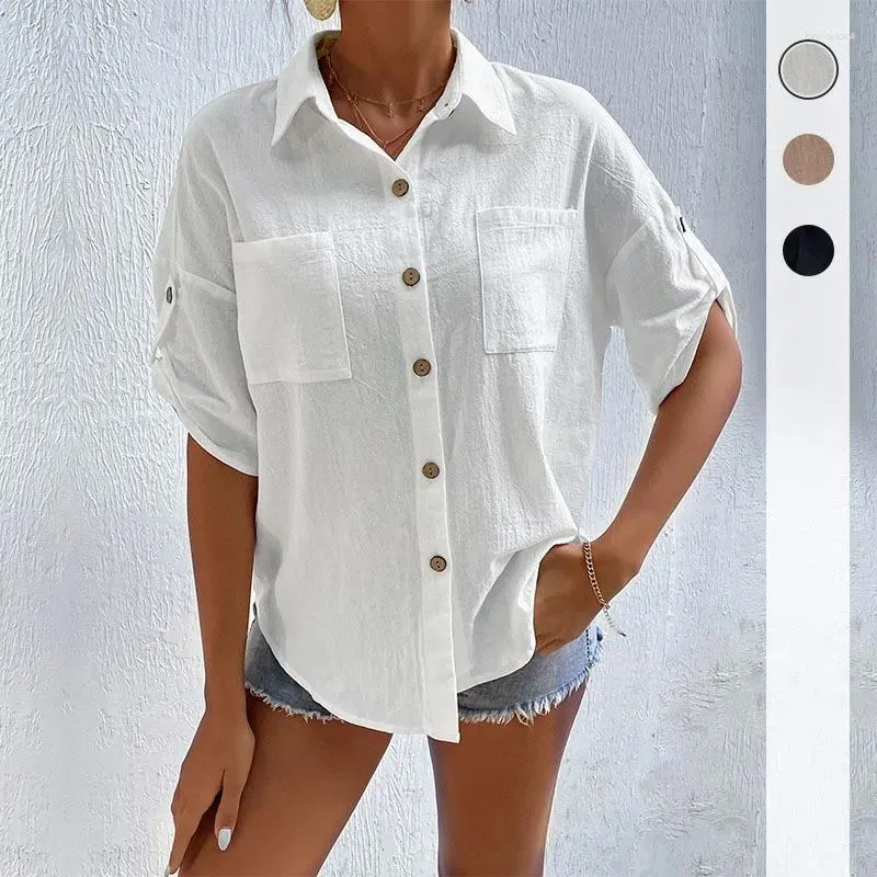 Women's Blouses Summer Casual Loose Fitting Short Sleeved Lapel Solid Color Women Shirt 2024 White Office Tops Cotton Femme Blusen