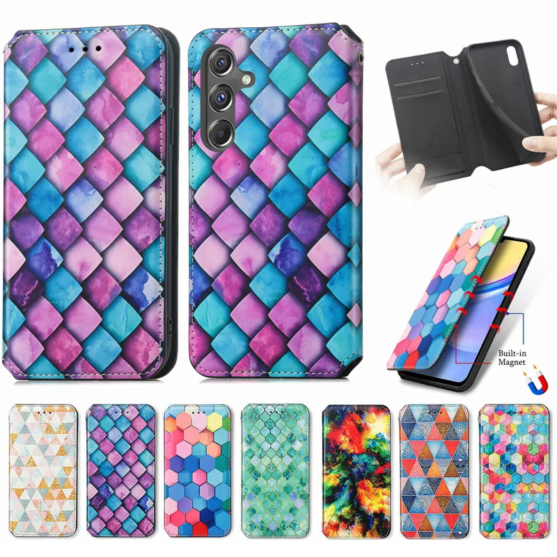 Läderplånbokfodral för Xiaomi 14 Pro 13 Redmi 13C 5G K70 Pro K70e Note 13 Pro+ 5G Credit ID Card Slot Holder Cube Cloud Print Suck Magnetic Stängning Flip Cover Pu Pouch