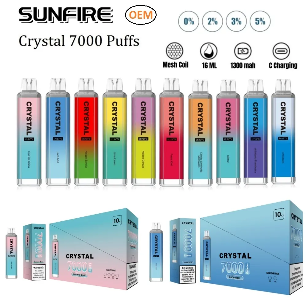 Inglaterra Sunfire Crystal 7000 Puffs Pro Max 10000 caneta de vape descartável VAPER DESECILÍVEL PUPH 7K 9K 10K POD E 1300 MAH BATERIA BATERIA