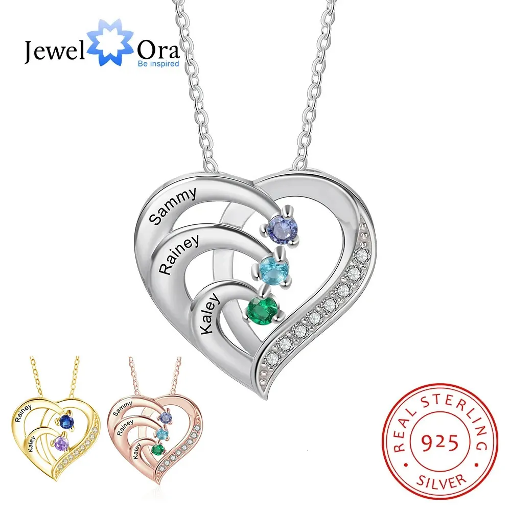 925 Sterling Silver Personalized Heart Necklace with 2-6 Birthstones Custom Engraved Name Mothers Pendant Christmas Gift for Her 240115
