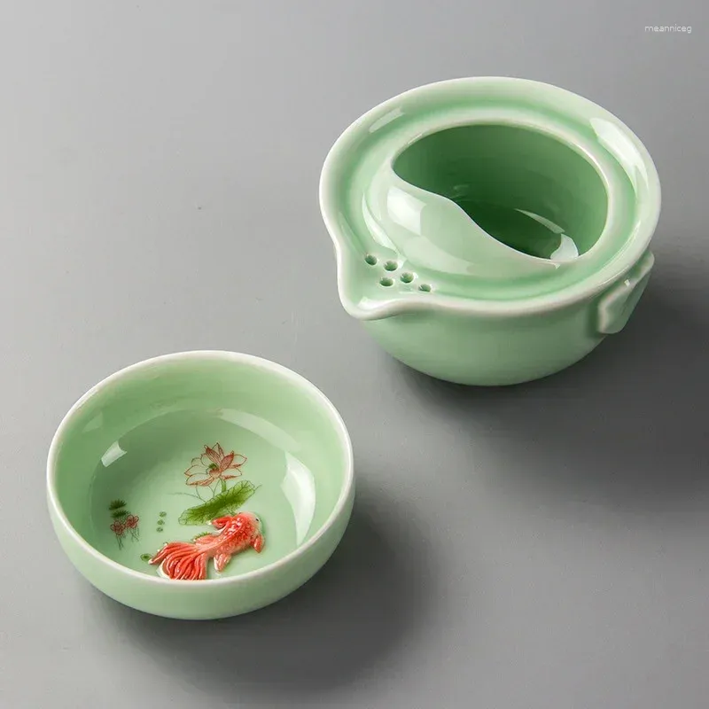 Teaware Sets Design 3d Carp Green Ceramic Gaiwan Tea Set Elegant Celadon Include 1 Pot Cup Beautiful Easy Teapot